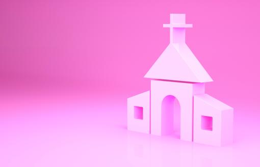 Illustration of a pink church against a pink background.