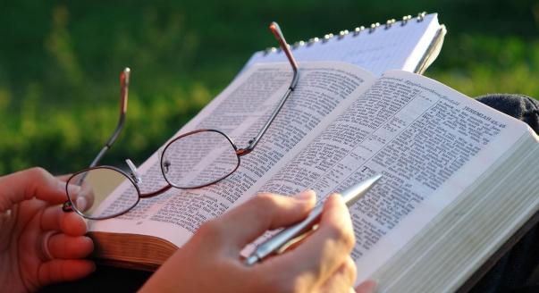 A person studying an open bible.