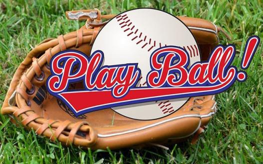 A baseball resting inside a baseball glove, superimposed with the words "Play Ball!"