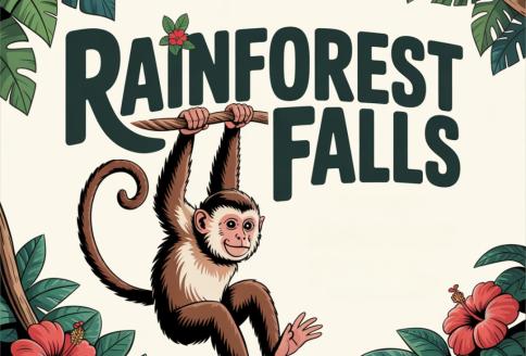 A monkey hanging from a text banner that reads "Rainforest Falls"