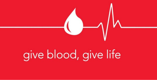 Drop of blood with the words "give blood, give life"