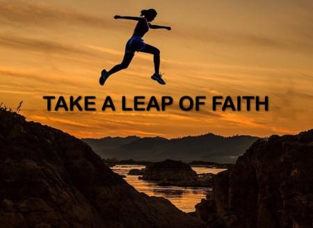 Silhouette of a woman jumping from a cliff with the words "Take a leap of faith."