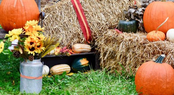 Assorted gourds atop hay bales.